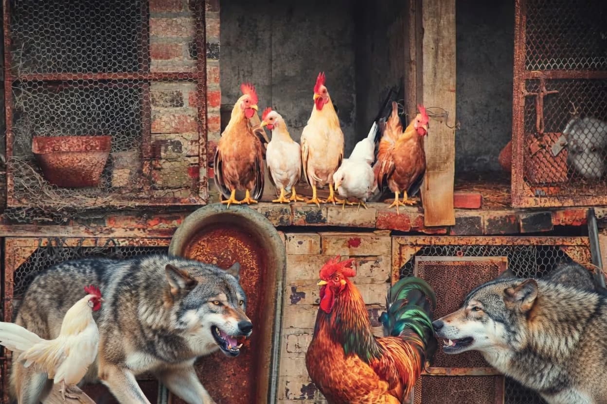 Wolves guarding the henhouse — the rooster stands between them